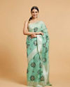 Sea Green Floral Motifs in Zari Work Saree